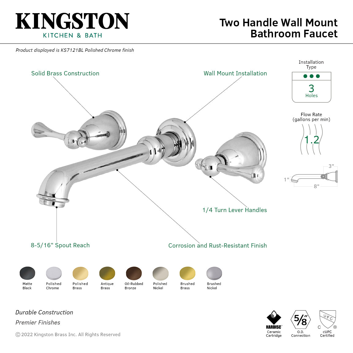 Kingston Tulare KS7122BL - English Country Double-Handle 3-Hole Wall Mount Bathroom Faucet, Polished Brass — thumbnail 2